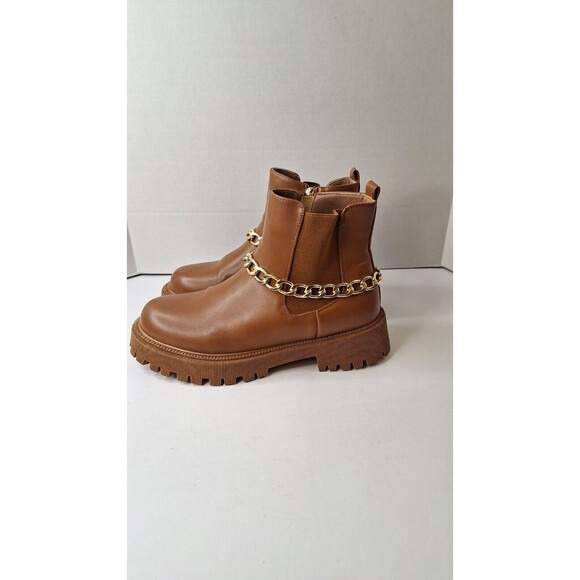 Women's Brown Lugged Sole Chunky Ankle Boots/Booties w/ Gold Chain Sz 10 Grunge - Picture 6 of 11